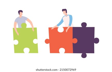Young Man Holding Huge Jigsaw Puzzle Vector Set