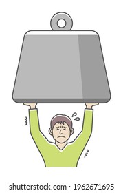 Young man holding huge weight. Vector illustration.