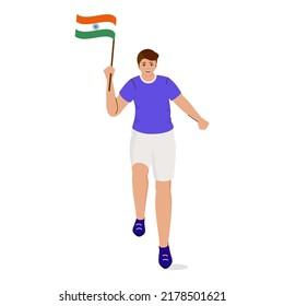Young Man Holding India Flag On White Background.