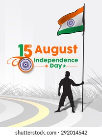 A young man holding a Indian flag with space of your text, vector illustration.