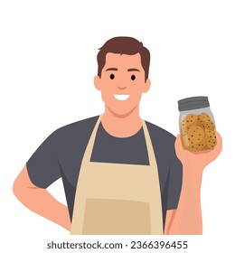 Young man holding jar of chocolate chips cookies looking positive and happy standing and smiling with a confident smile. Flat vector illustration isolated on white background