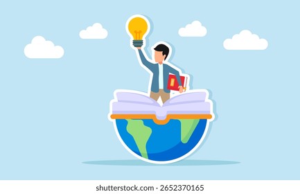 young man holding a lamp and book standing on an open book and half globe illustration of getting ideas and inspiration through reading habits and global encyclopedias