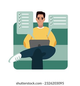 Young man holding laptop, completed all the tasks on time. Concept of success at work. Career goal achievement for employees. Effective business performance. Flat illustration