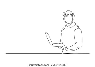 Young man holding laptop in continuous one line design. Single line draw of student holds netbook.