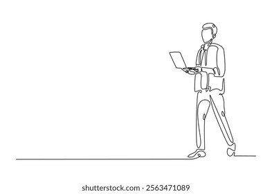 Young man holding laptop in continuous one line design. Single line draw of student holds netbook.