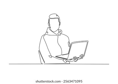 Young man holding laptop in continuous one line design. Single line draw of student holds netbook.