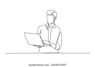 Young man holding laptop in continuous one line design. Single line draw of student holds netbook.