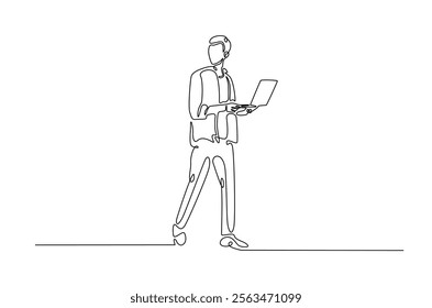 Young man holding laptop in continuous one line design. Single line draw of student holds netbook.