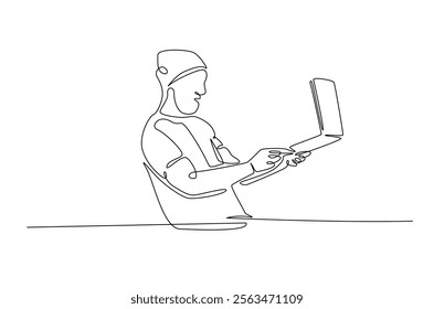 Young man holding laptop in continuous one line design. Single line draw of student holds netbook.