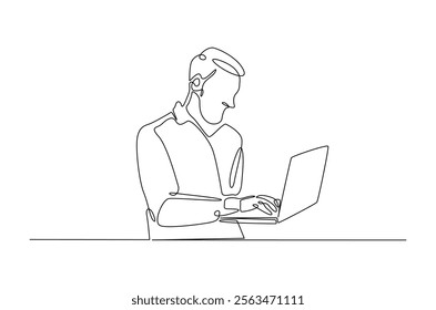 Young man holding laptop in continuous one line design. Single line draw of student holds netbook.