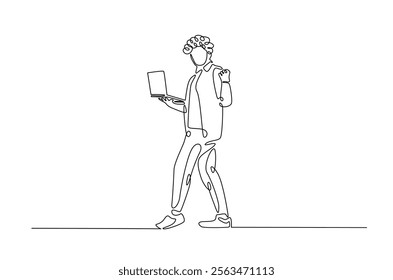 Young man holding laptop in continuous one line design. Single line draw of student holds netbook.