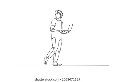 Young man holding laptop in continuous one line design. Single line draw of student holds netbook.