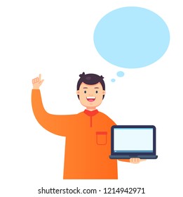 Young man holding laptop notebook and showing the finger up. Vector illustration in a flat cartoon style.