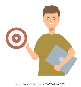 Young man holding laptop is pointing at target symbol, achieving his goal, business success concept