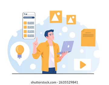 Young man holding a laptop and pointing up, surrounded by media icons like images, documents, and ideas in a flat style on a light abstract background. Vector illustration