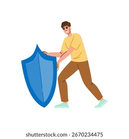 Young man holding a large blue shield, actively defending against potential attacks and threats, embodying concepts of security and safety in a digital world
