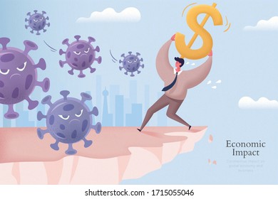 Young man holding a large dollar sign above his head and trying to defend against virus on the edge of cliff, concept of economic impact caused by COVID-19 pandemic