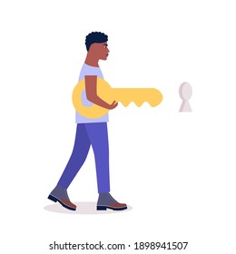 Young man holding a large key to open the lock. Problem Solution Concept. Colorful flat vector illustration.