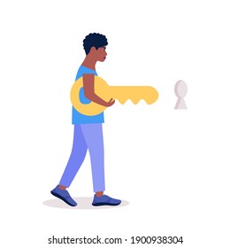 Young man holding a large key to open the lock. Problem Solution Concept. Colorful flat vector illustration.