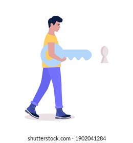 Joven sosteniendo una llave grande para abrir la cerradura. Concepto de solución de problemas. Ilustración de vector plana colorida.