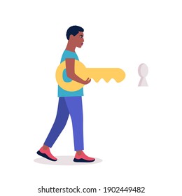 Young man holding a large key to open the lock. Problem Solution Concept. Colorful flat vector illustration.