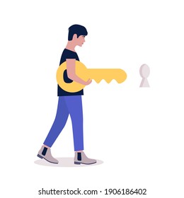 Young man holding a large key to open the lock. Problem Solution Concept. Colorful flat vector illustration.