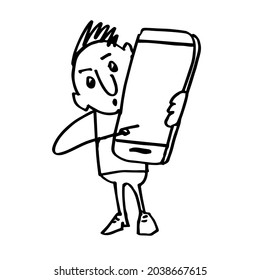 un joven tiene un teléfono móvil grande en las manos. Un personaje dibujado a mano. Esbozo. Ilustración del vector