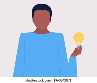 Young man holding a light bulb in his hand. Idea brainstorming concept. Vector illustration in a flat style.