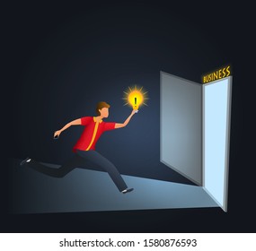Young man holding lightbulb and running to the door with business sign, concept of search new creative ideas for business startup or problem solutions, generation of innovative ideas, brainstorming
