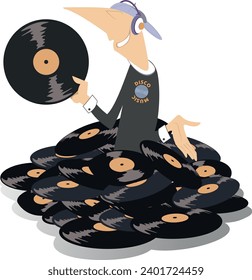 Young man holding a long playing record. Pile of records. Young man with a long play record appears from a big pile of records