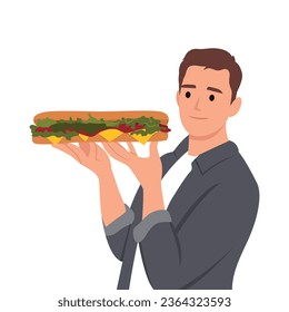 Young man holding a long sandwich with a fresh salad. Flat vector illustration isolated on white background