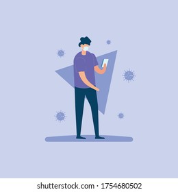 Young man holding and looking into smartphone. He also wearing medical mask to against covid-19. Concept of social media and corona virus.