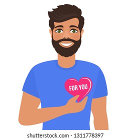 Young man holding loving heart. Greeting card for Valentine's Day, Birthday, Mother's Day or wedding. Fall in love. Romantic concept. Cartoon characters. Isolated vector on white background. 