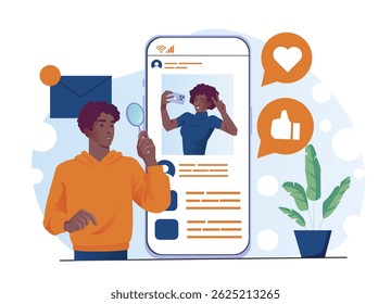 Young man holding magnifying glass looking at large smartphone screen with social media profile, message, like icons. Concept of digital identity check. Vector illustration on white background