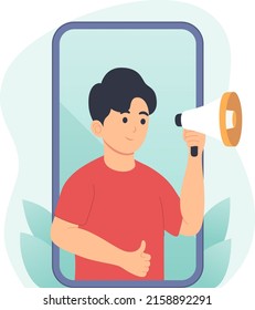 young man holding megaphone on cellphone background