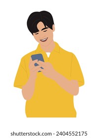 Young man holding mobile phone vector isolated.