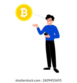 Young  man holding mobile phone with relocating bitcoins into wallet. Concept of bitcoin exchange, mining, cryptocurrency cold wallet, mobile banking. Vector cartoon illustration