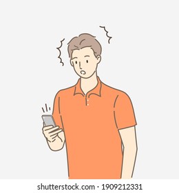 Young man holding mobile and surprised while received shocking news. Hand draw style. Vector illustration.