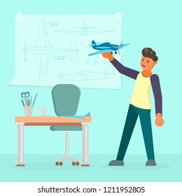 Young Man Holding Model Of Airplane. Vector Illustration In Flat Style. Scale Model Building, Model Aircraft Hobby Concept Design Element.