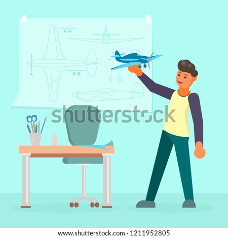 Young man holding model of airplane. Vector illustration in flat style. Scale model building, model aircraft hobby concept design element.