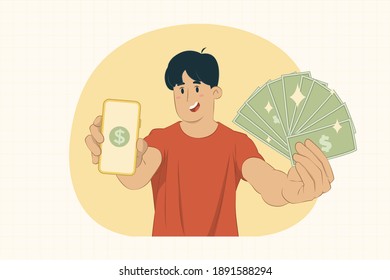 Young man holding money showing display of mobile phone concept for banner, poster, website, etc.