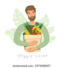 Young Man holding natural fruits and vegetables in grocery paper bag. Bearded vegan man eat organic products. Happy Male cartoon character. Vegetarian, vegan nutrition concept. Eco Vector illustration