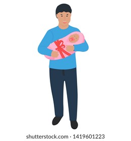 A young man is holding a newborn baby. Father's day