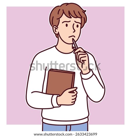 Young man holding a notebook with his hand on chin, reflecting deep thinking or decision-making. Flat vector for education or mental process themes