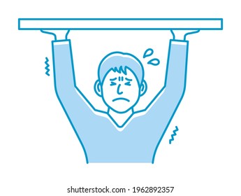 Young man holding object above. Vector illustration.