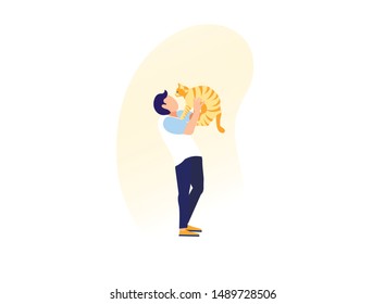 Young Man Holding on Hands, Hugging and Cuddling Lovely Ginger Striped Colored Cat Isolated on White Background, Human and Animal Relation, People Care of Pets, Love Cartoon Flat Vector Illustration