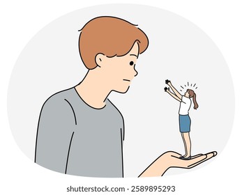 Young man holding on palm tiny woman figure asking for hug or comfort. Desperate girl beg for love and affection. Relationship concept. Vector illustration.