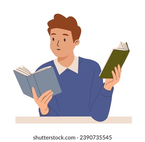 Young man holding open paper book in hands at leisure time. Person reading. Literature, abstract novel reader. Student studying for exam. Flat vector illustration isolated on white background