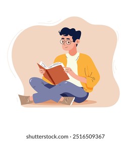 Hombre joven que sostiene el libro de papel abierto en las manos en el tiempo libre. Persona leyendo. Literatura, lector de novelas abstractas. Estudiante que estudia para el examen. Ilustración vectorial plana aislada sobre fondo blanco