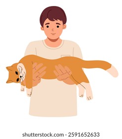 Young man holding an orange cat